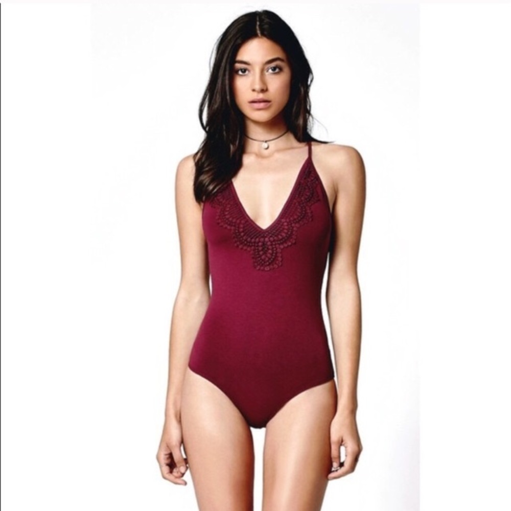 Wine Crochet Detailed Body Suit
